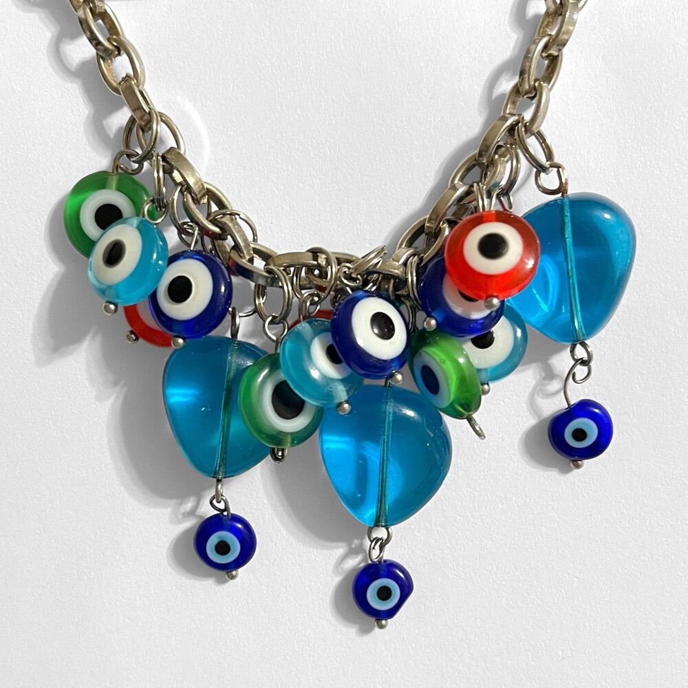 Evil Eye Art Glass Bracelet Bead Dangles Charms Silver Tone Chain Handcrafted